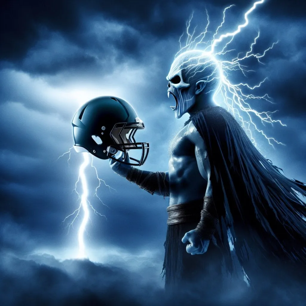 vampire character holding football helmet with lightning strike